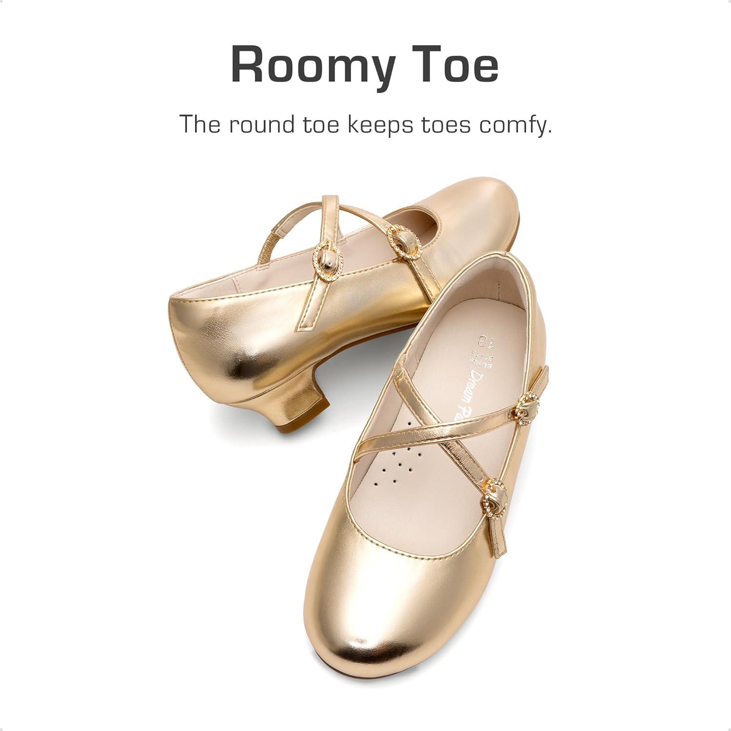 imageDream Pairs Girls Dress Shoes Mary Jane High Heel Round Toe Straps Pumps Flower Wedding Party Princess Flats for LittleBig KidsGold