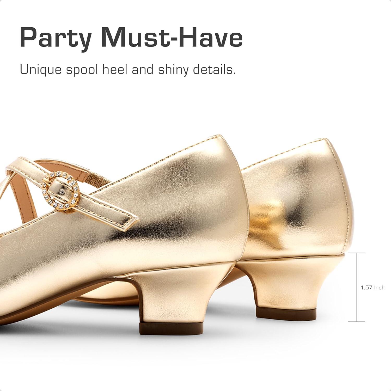 imageDream Pairs Girls Dress Shoes Mary Jane High Heel Round Toe Straps Pumps Flower Wedding Party Princess Flats for LittleBig KidsGold