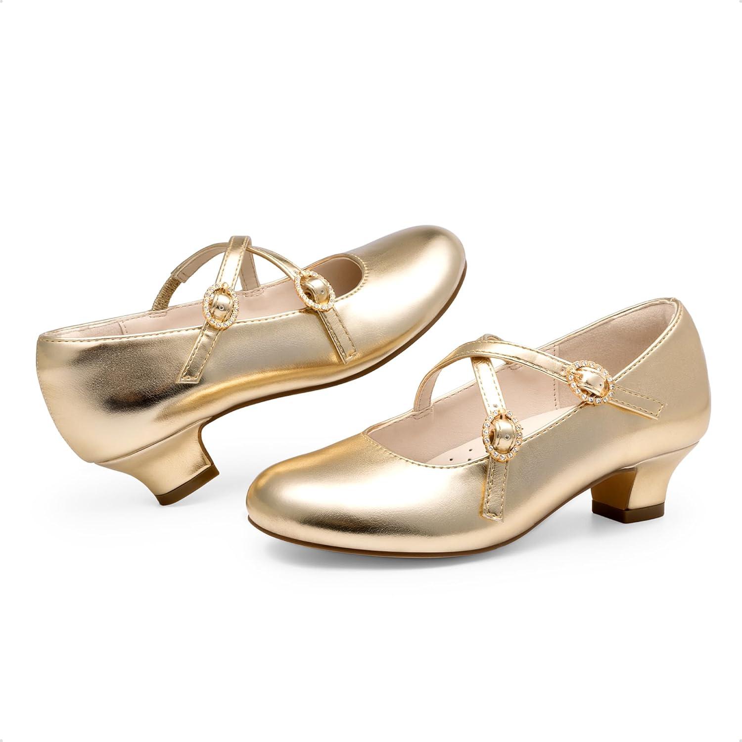 imageDream Pairs Girls Dress Shoes Mary Jane High Heel Round Toe Straps Pumps Flower Wedding Party Princess Flats for LittleBig KidsGold