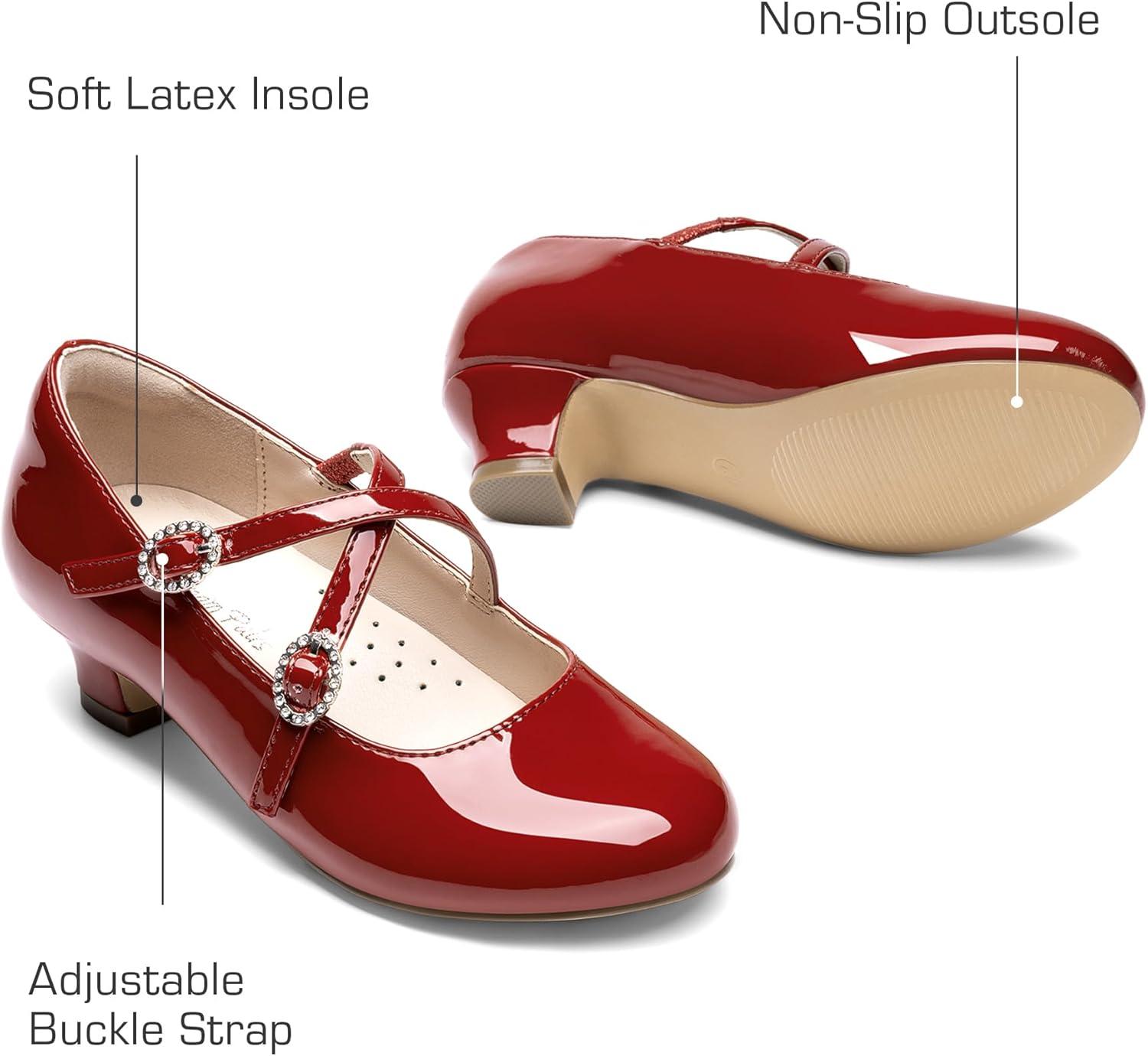 imageDream Pairs Girls Dress Shoes Mary Jane High Heel Round Toe Straps Pumps Flower Wedding Party Princess Flats for LittleBig KidsRed