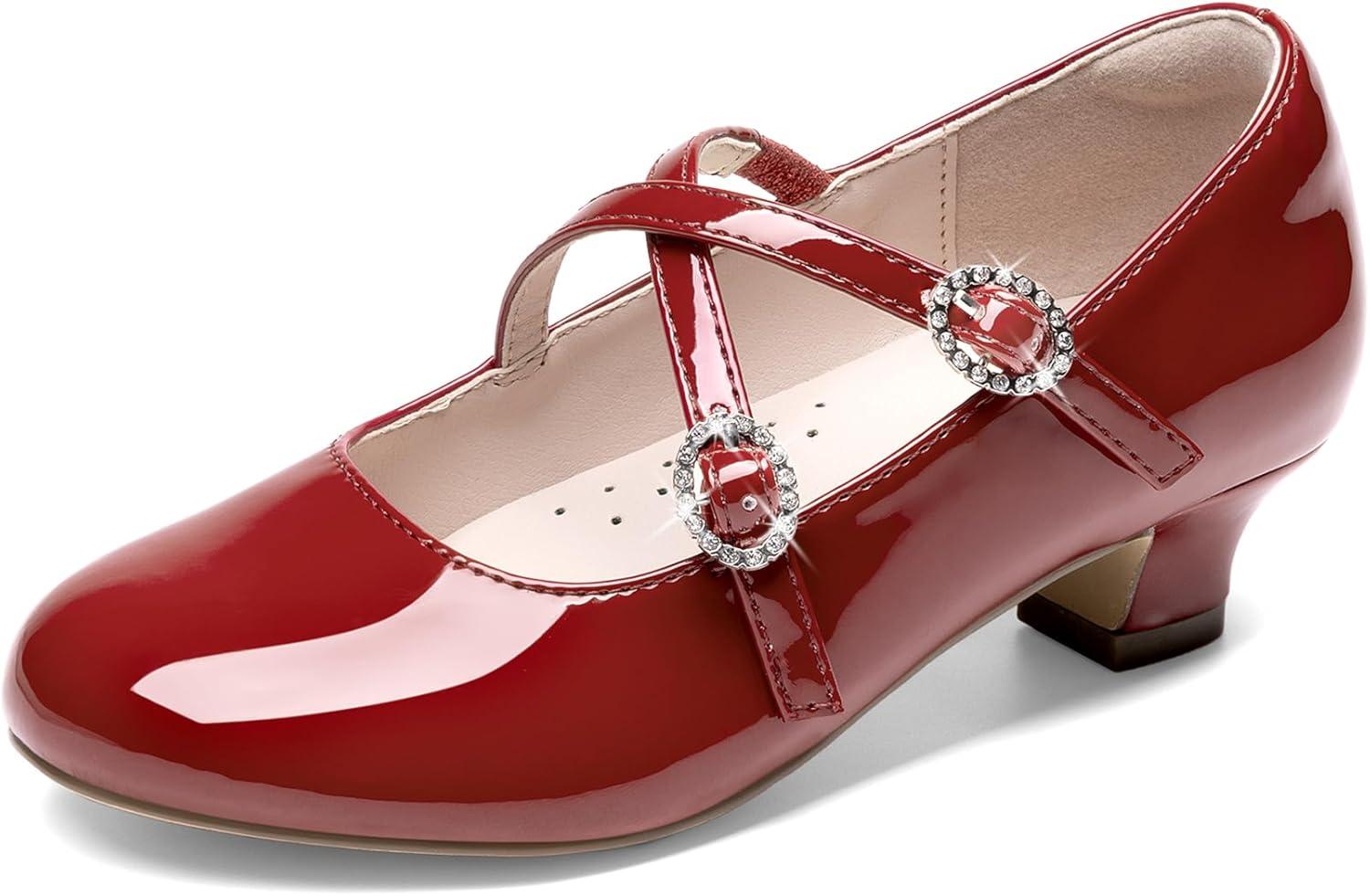 imageDream Pairs Girls Dress Shoes Mary Jane High Heel Round Toe Straps Pumps Flower Wedding Party Princess Flats for LittleBig KidsRed