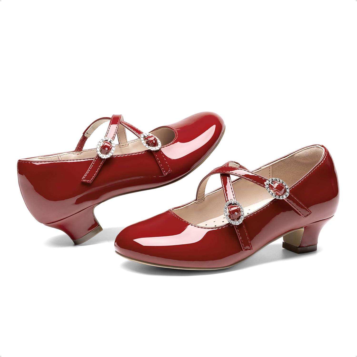 imageDream Pairs Girls Dress Shoes Mary Jane High Heel Round Toe Straps Pumps Flower Wedding Party Princess Flats for LittleBig KidsRed