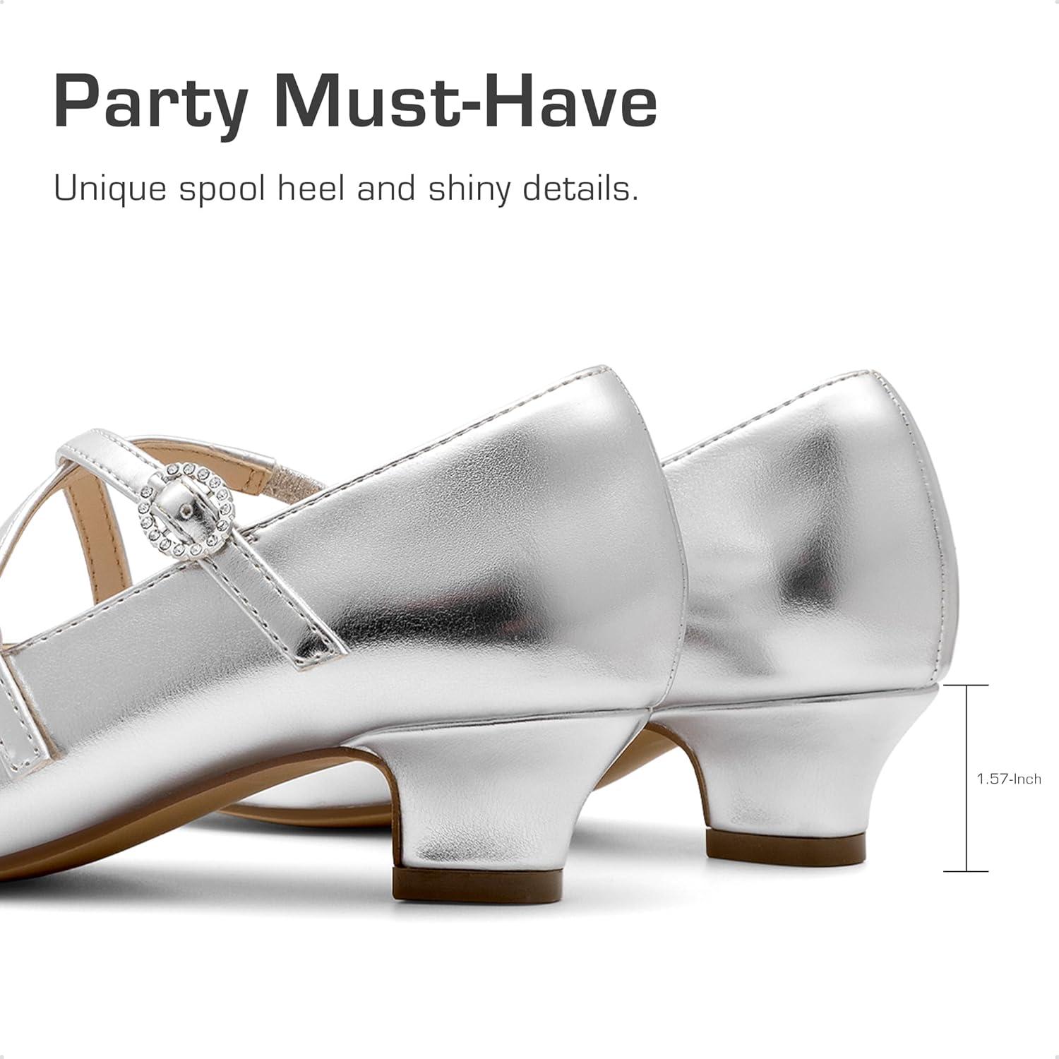 imageDream Pairs Girls Dress Shoes Mary Jane High Heel Round Toe Straps Pumps Flower Wedding Party Princess Flats for LittleBig KidsSilver