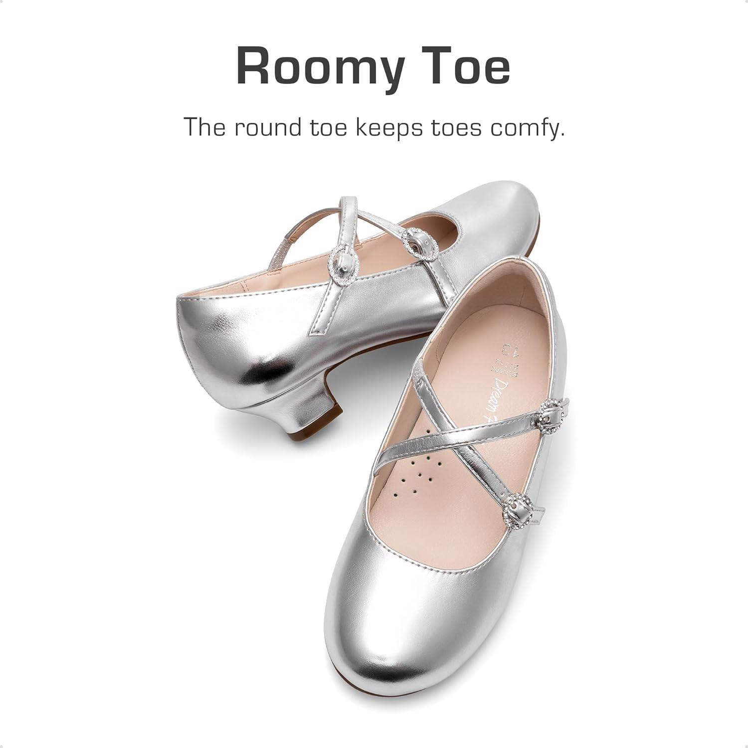 imageDream Pairs Girls Dress Shoes Mary Jane High Heel Round Toe Straps Pumps Flower Wedding Party Princess Flats for LittleBig KidsSilver