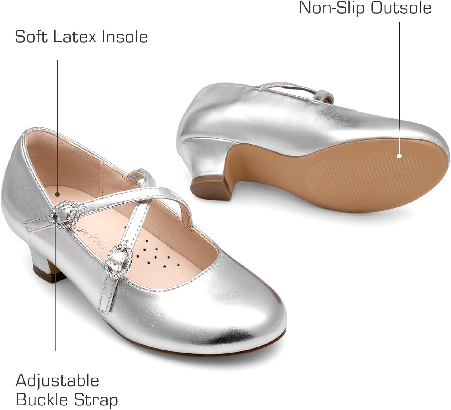 imageDream Pairs Girls Dress Shoes Mary Jane High Heel Round Toe Straps Pumps Flower Wedding Party Princess Flats for LittleBig KidsSilver