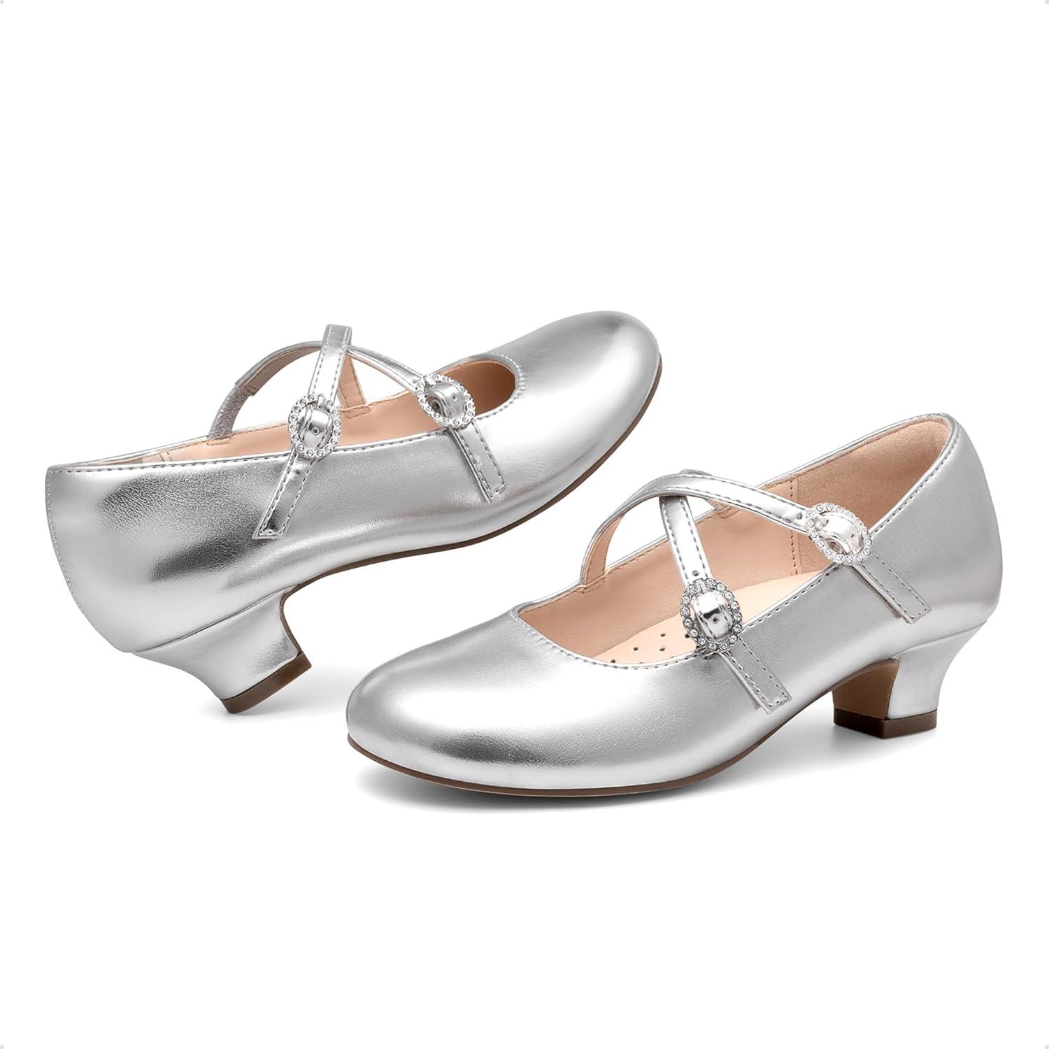 imageDream Pairs Girls Dress Shoes Mary Jane High Heel Round Toe Straps Pumps Flower Wedding Party Princess Flats for LittleBig KidsSilver