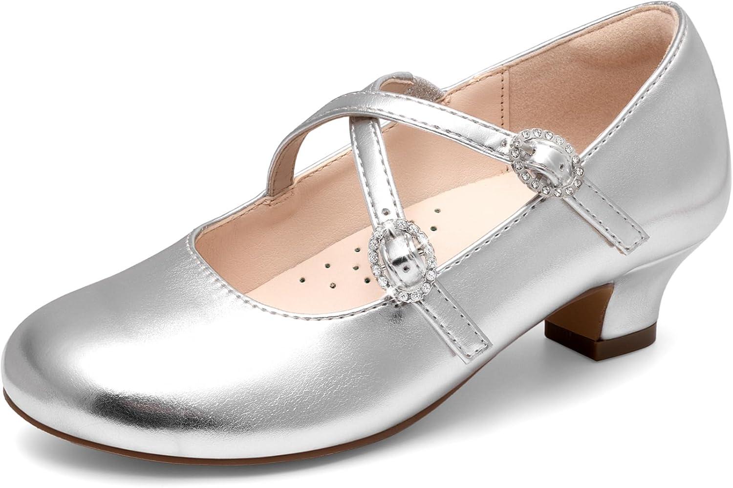 imageDream Pairs Girls Dress Shoes Mary Jane High Heel Round Toe Straps Pumps Flower Wedding Party Princess Flats for LittleBig KidsSilver