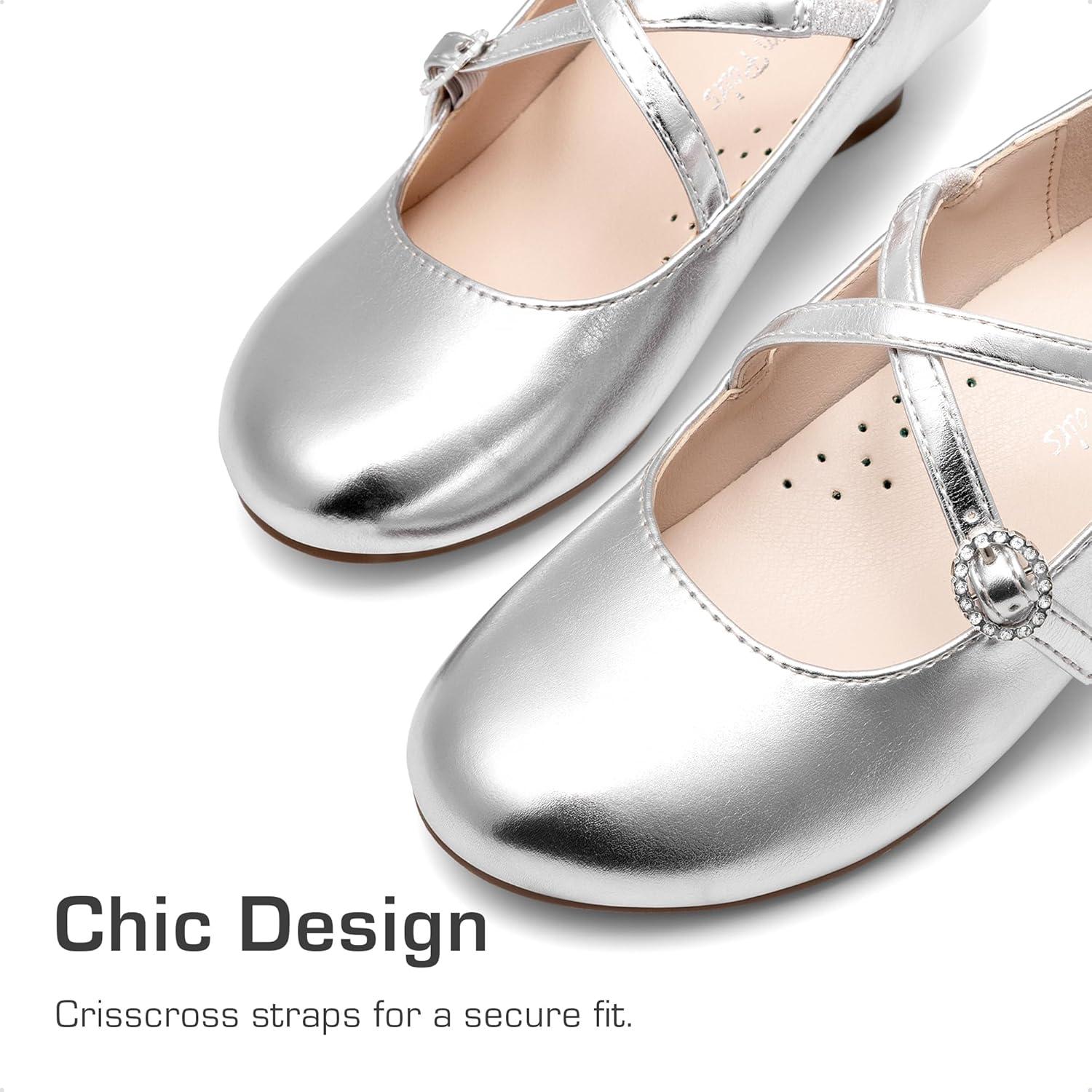 imageDream Pairs Girls Dress Shoes Mary Jane High Heel Round Toe Straps Pumps Flower Wedding Party Princess Flats for LittleBig KidsSilver