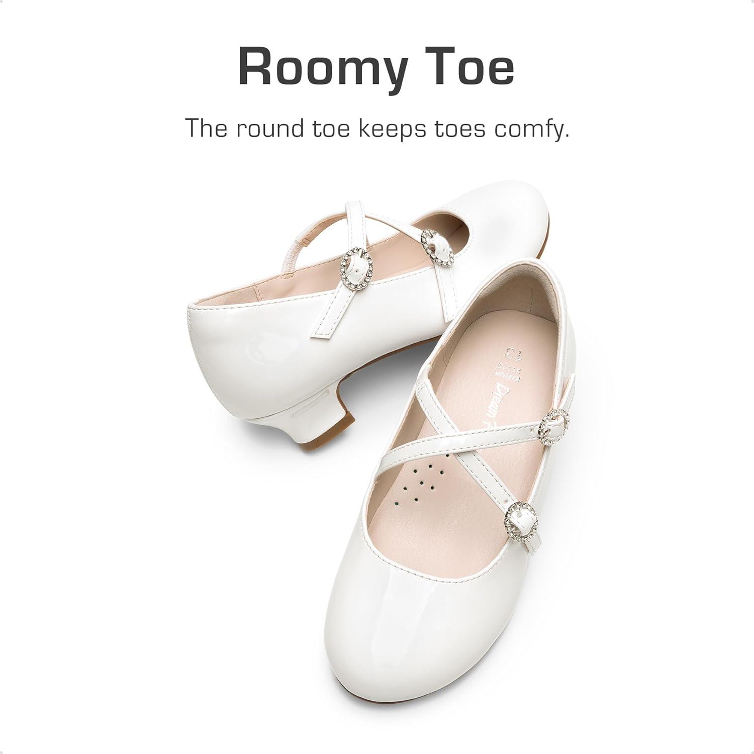 imageDream Pairs Girls Dress Shoes Mary Jane High Heel Round Toe Straps Pumps Flower Wedding Party Princess Flats for LittleBig KidsWhite
