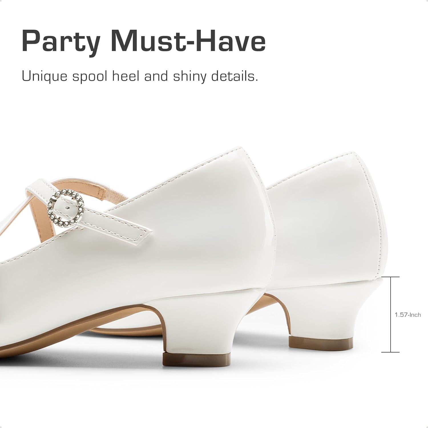 imageDream Pairs Girls Dress Shoes Mary Jane High Heel Round Toe Straps Pumps Flower Wedding Party Princess Flats for LittleBig KidsWhite