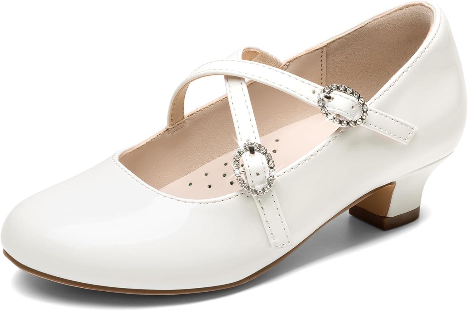 imageDream Pairs Girls Dress Shoes Mary Jane High Heel Round Toe Straps Pumps Flower Wedding Party Princess Flats for LittleBig KidsWhite