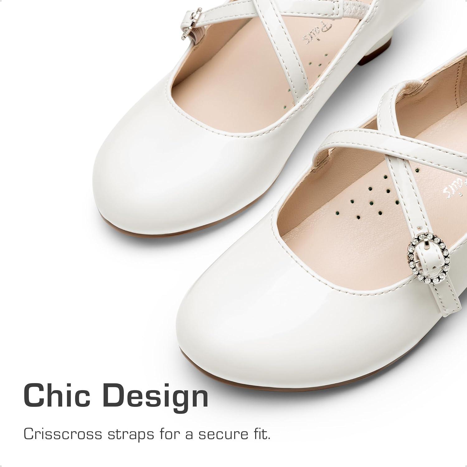 imageDream Pairs Girls Dress Shoes Mary Jane High Heel Round Toe Straps Pumps Flower Wedding Party Princess Flats for LittleBig KidsWhite