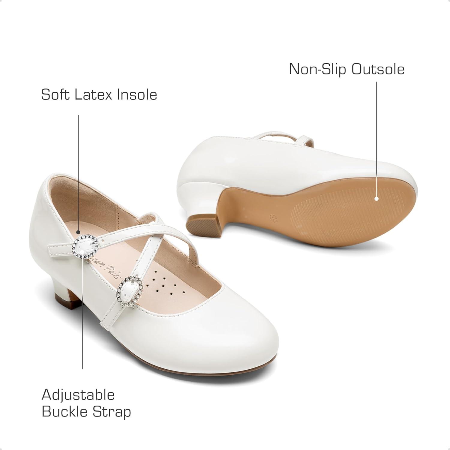 imageDream Pairs Girls Dress Shoes Mary Jane High Heel Round Toe Straps Pumps Flower Wedding Party Princess Flats for LittleBig KidsWhite