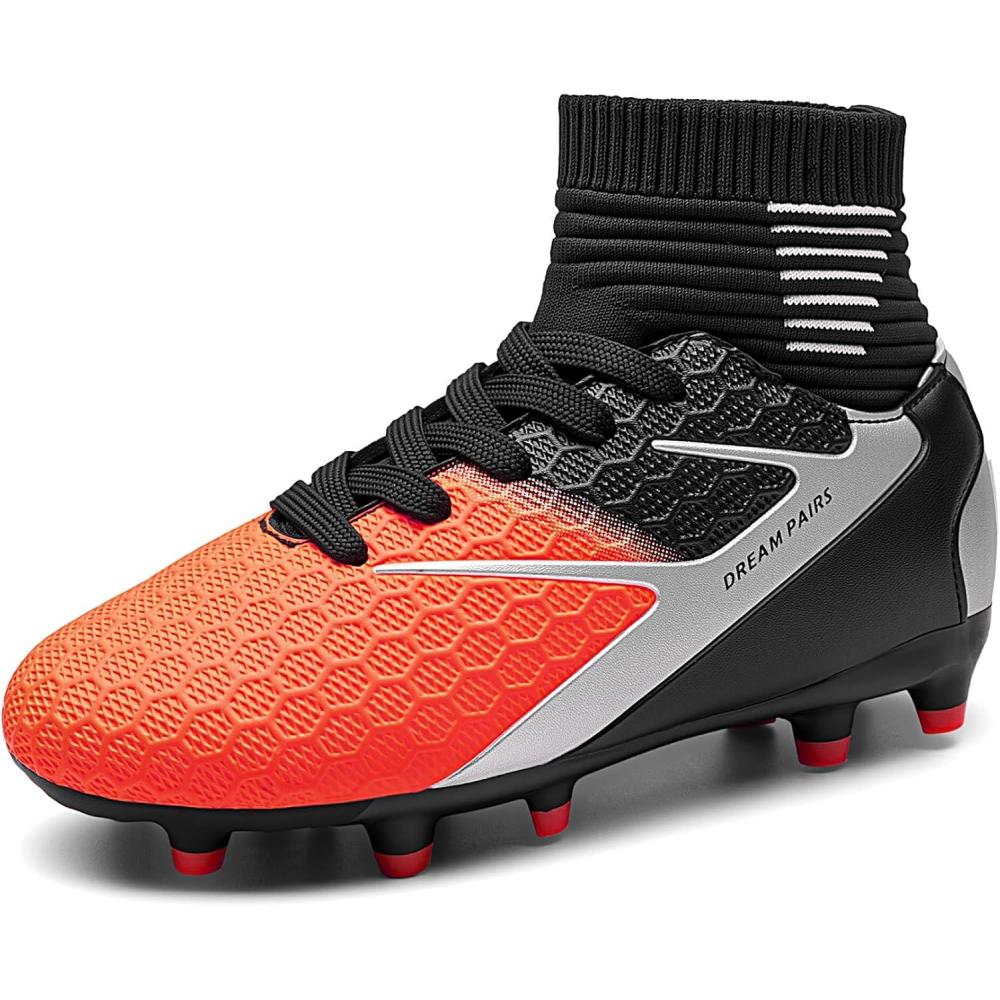 imageDREAM PAIRS Boys Girls Soccer Cleats Youth Firm Groud Outdoor Sport Athletic High Top Football Shoes for LittleBig KidBlackGreyOrange