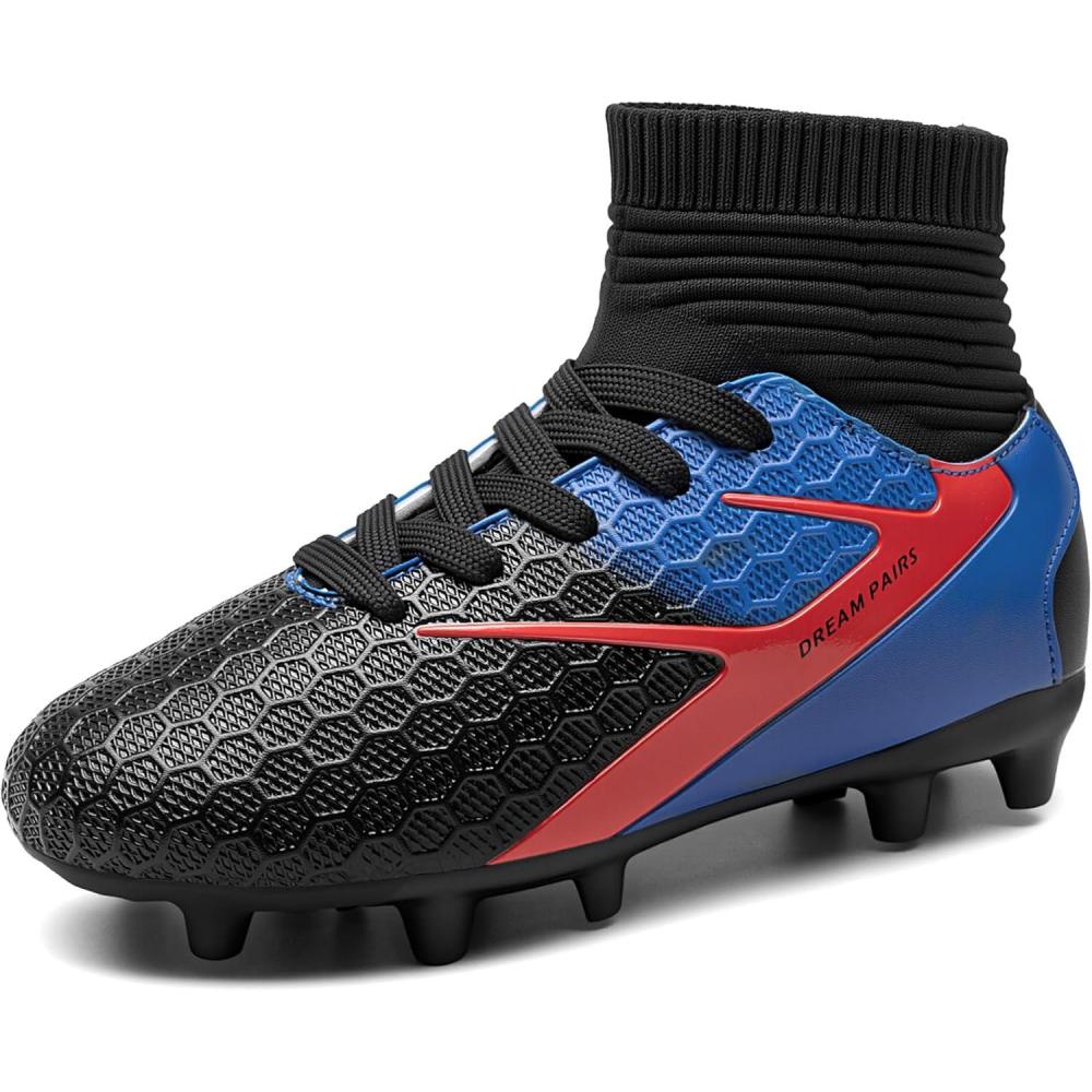 imageDREAM PAIRS Boys Girls Soccer Cleats Youth Firm Groud Outdoor Sport Athletic High Top Football Shoes for LittleBig KidBlackRoyal BlueRed