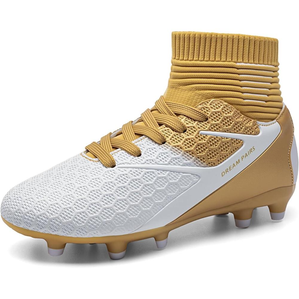 imageDREAM PAIRS Boys Girls Soccer Cleats Youth Firm Groud Outdoor Sport Athletic High Top Football Shoes for LittleBig KidGoldWhite