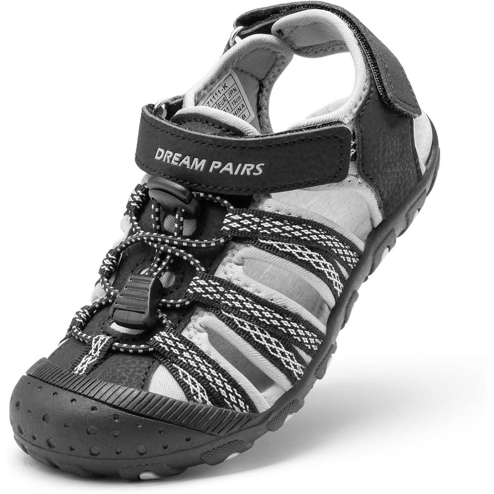 imageDREAM PAIRS Boys Girls Summer Outdoor Athletic Sport Sandals Hiking Beach Casual Closed Toe Adjustable Multicolor for ToddlerLittleBig KidsBlackGrey