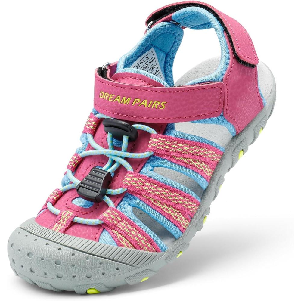 imageDREAM PAIRS Boys Girls Summer Outdoor Athletic Sport Sandals Hiking Beach Casual Closed Toe Adjustable Multicolor for ToddlerLittleBig KidsFuchsiaCyanNeonGreen