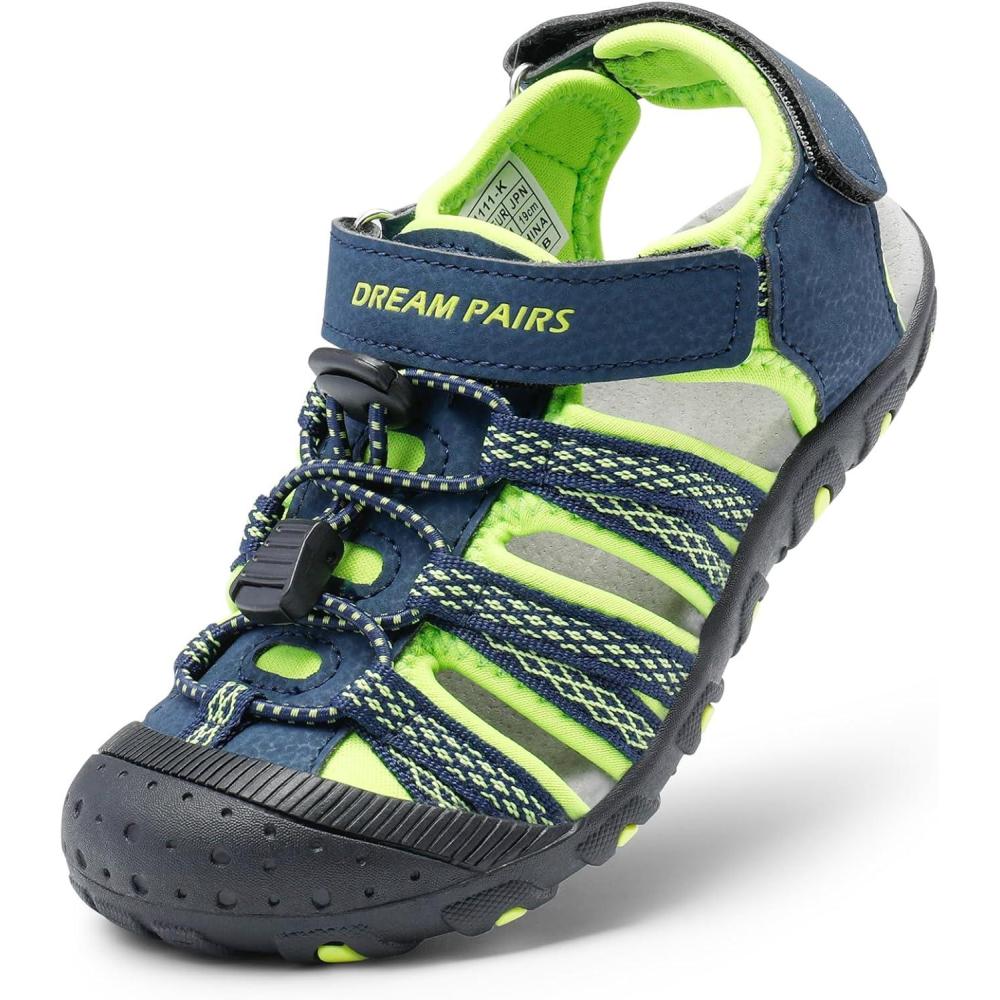 imageDREAM PAIRS Boys Girls Summer Outdoor Athletic Sport Sandals Hiking Beach Casual Closed Toe Adjustable Multicolor for ToddlerLittleBig KidsNavyNeonGreen