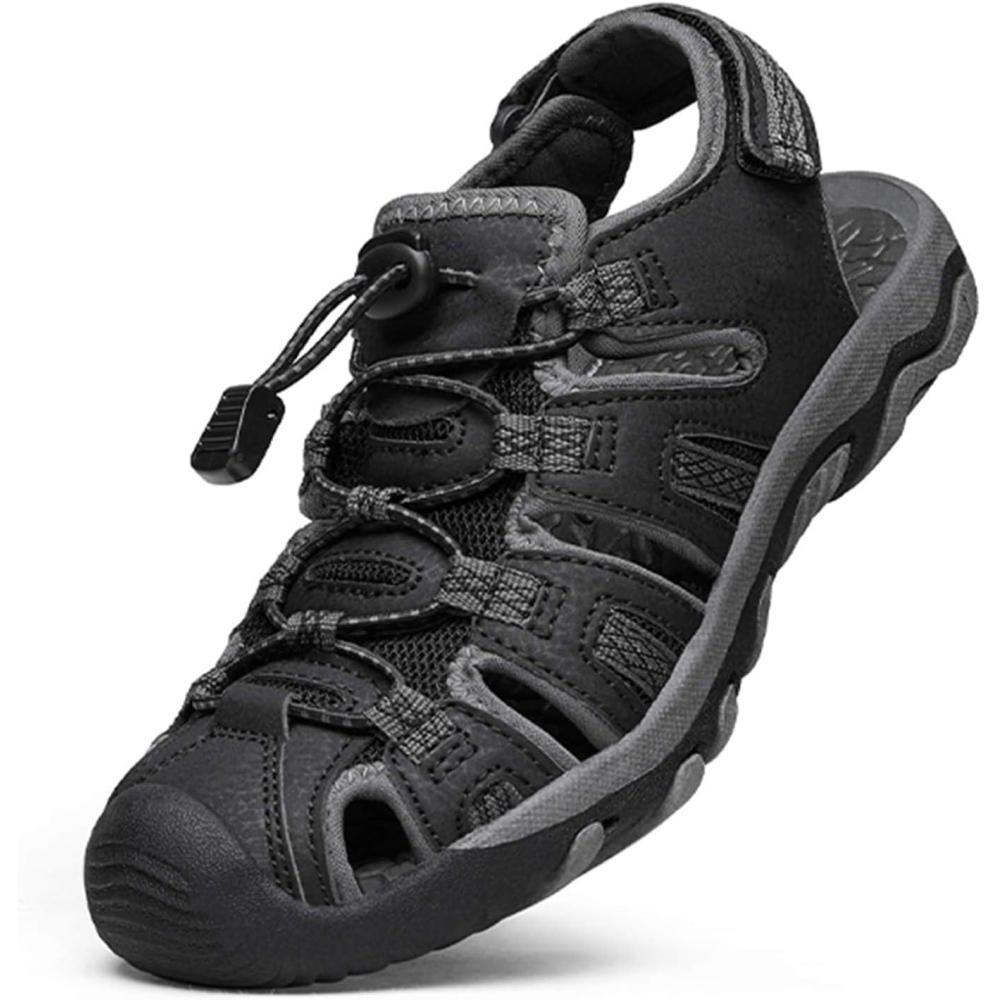 imageDREAM PAIRS Boys Girls Summer Outdoor Athletic Sport Sandals Walking Hiking Hook and Loop Adjustable Multicolor for ToddlerLittleBig KidsBlackDarkGrey