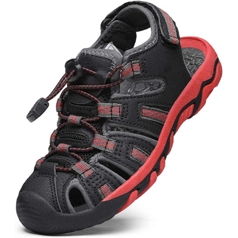 imageDREAM PAIRS Boys Girls Summer Outdoor Athletic Sport Sandals Walking Hiking Hook and Loop Adjustable Multicolor for ToddlerLittleBig KidsBlackGreyRed