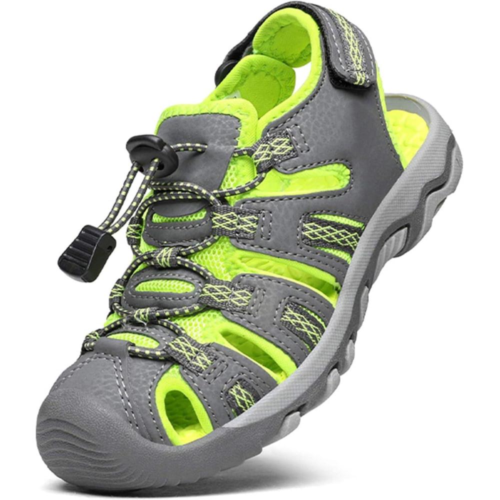 imageDREAM PAIRS Boys Girls Summer Outdoor Athletic Sport Sandals Walking Hiking Hook and Loop Adjustable Multicolor for ToddlerLittleBig KidsGreyNeonGreen