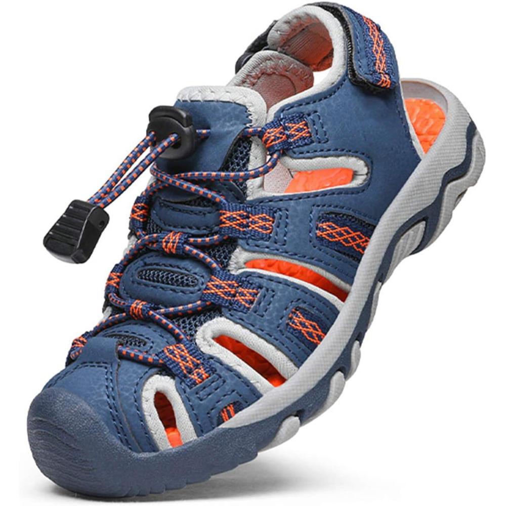 imageDREAM PAIRS Boys Girls Summer Outdoor Athletic Sport Sandals Walking Hiking Hook and Loop Adjustable Multicolor for ToddlerLittleBig KidsNavyLightGreyOrange