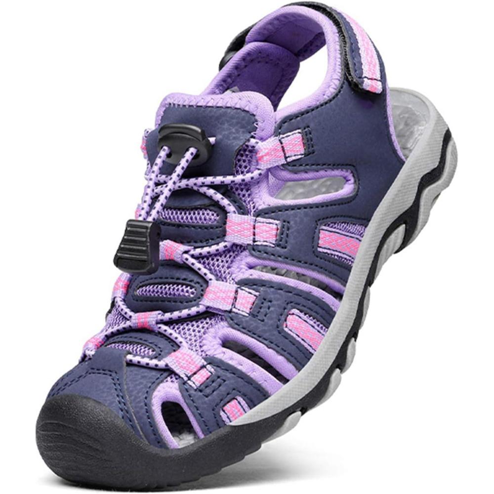 imageDREAM PAIRS Boys Girls Summer Outdoor Athletic Sport Sandals Walking Hiking Hook and Loop Adjustable Multicolor for ToddlerLittleBig KidsPurpleLightGrey