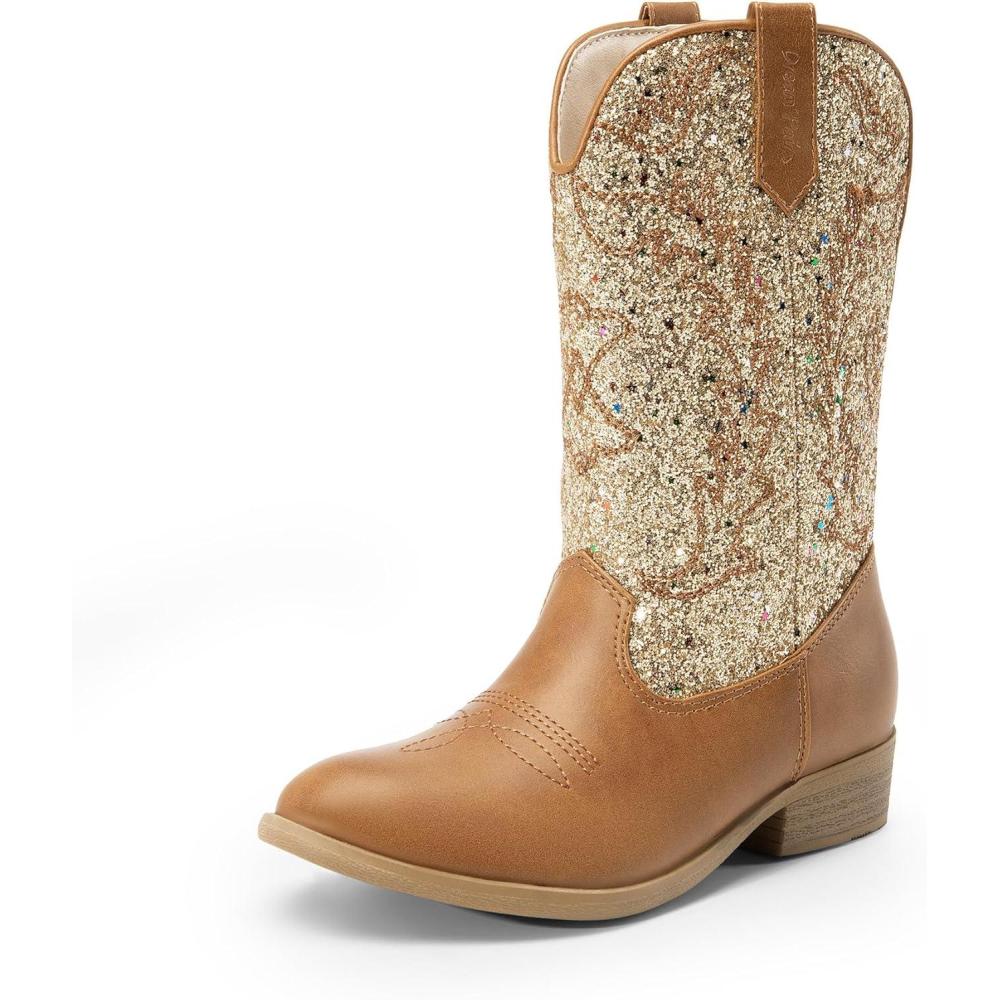 imageDREAM PAIRS Cowgirl Cowboy Western Boots Girls Mid Calf Riding Shoes Little KidBig KidGoldBrown