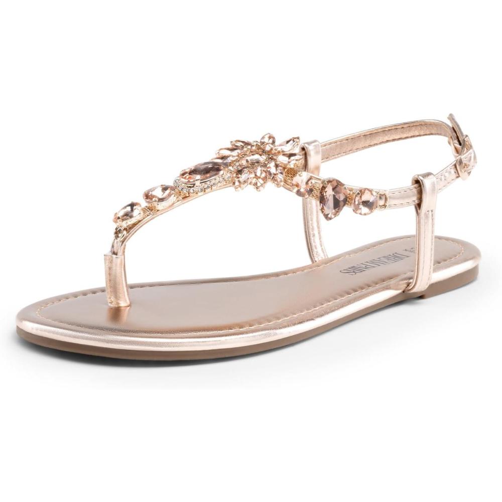 imageDREAM PAIRS Flat Sandals for Women Dressy Rhinestone TStrap Thong Flat Sandals for Summers Dress BeachChampagneGold