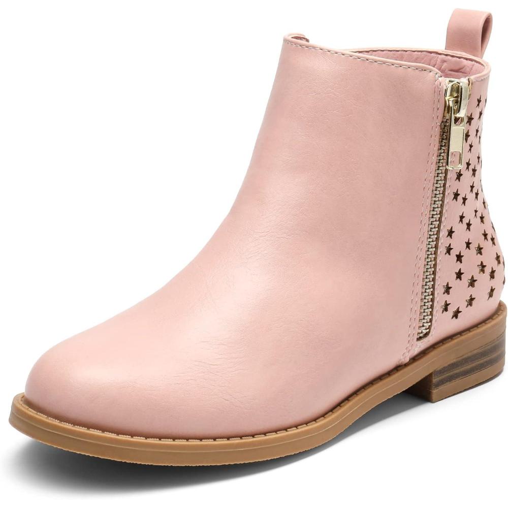 imageDREAM PAIRS Girls Ankle Boots Kids Fashion Booties with Glitter Stars Side Zipper Low Heels Warm Shoes for ToddlerLittle KidBig KidPinkPu