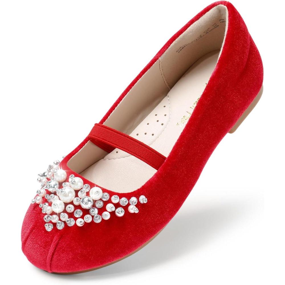 imageDREAM PAIRS Girls Ballet Flats Flower Shoes Mary Jane Ballerina Flat Dress Shoes for DailyWeddingPartyRedSuede