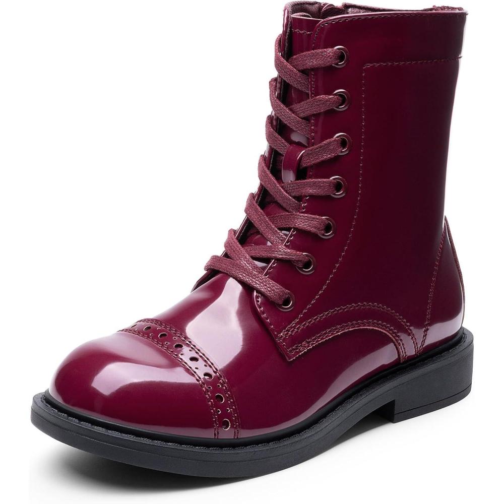 imageDREAM PAIRS Girls Boys Combat Ankle Boots Side Zipper Shoes with Lace Up for ToddlerLittle KidBig KidBurgundy