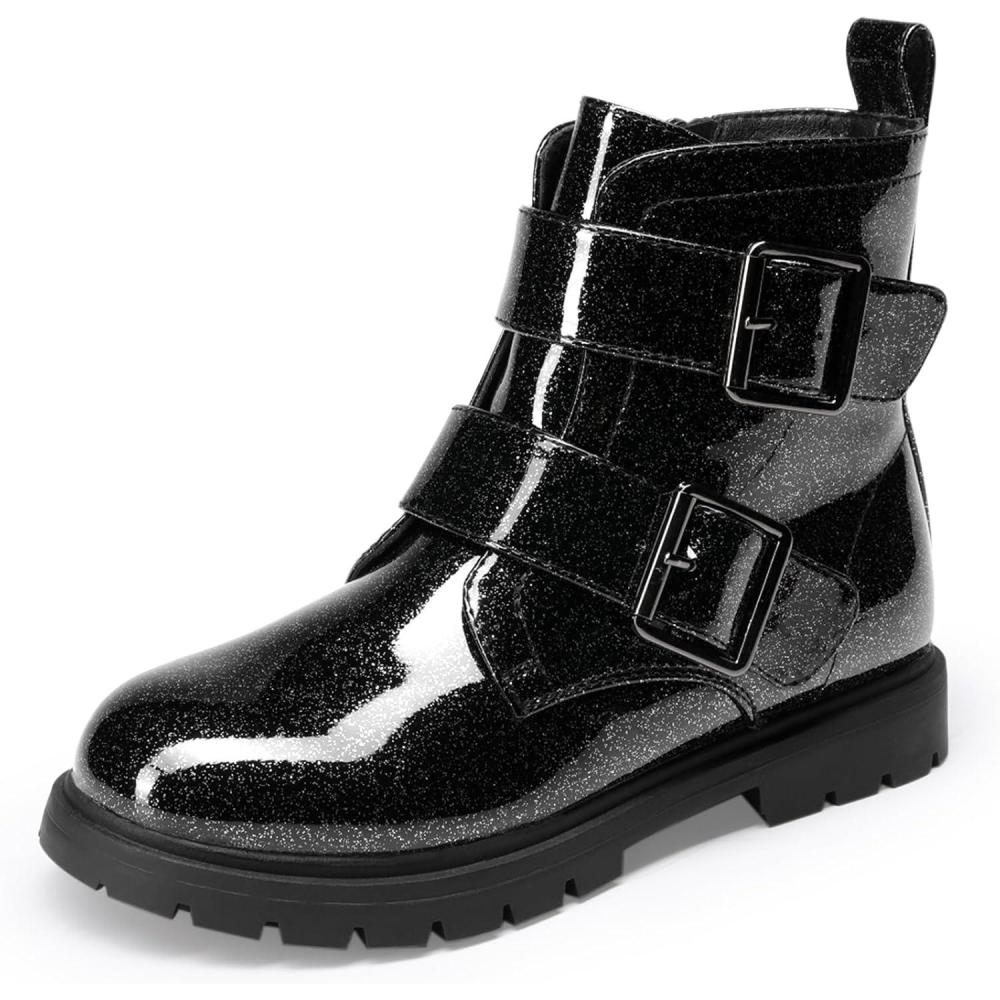 imageDREAM PAIRS Girls Boys Glitter Ankle Boots Side Zipper Combat Shoes with Buckles ToddlerLittle KidBig KidBlack
