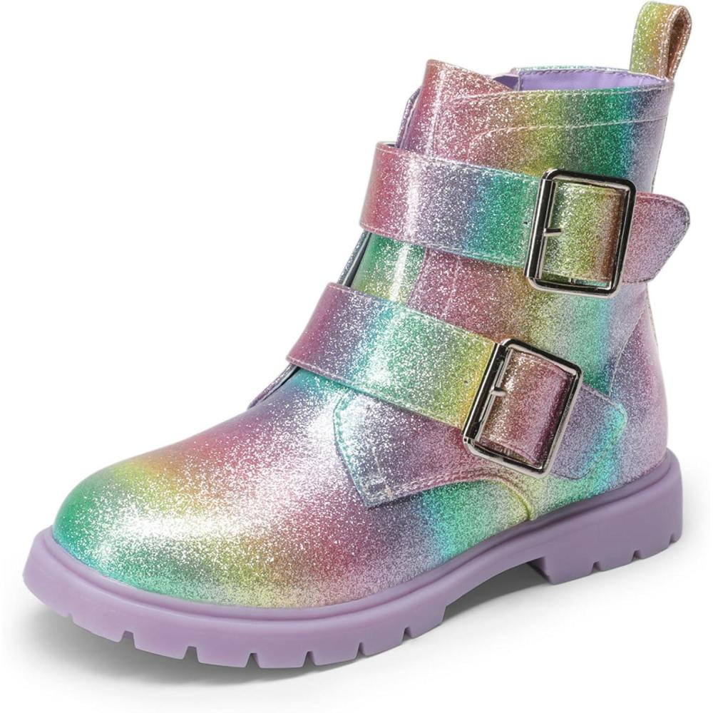 imageDREAM PAIRS Girls Boys Glitter Ankle Boots Side Zipper Combat Shoes with Buckles ToddlerLittle KidBig KidRainbow
