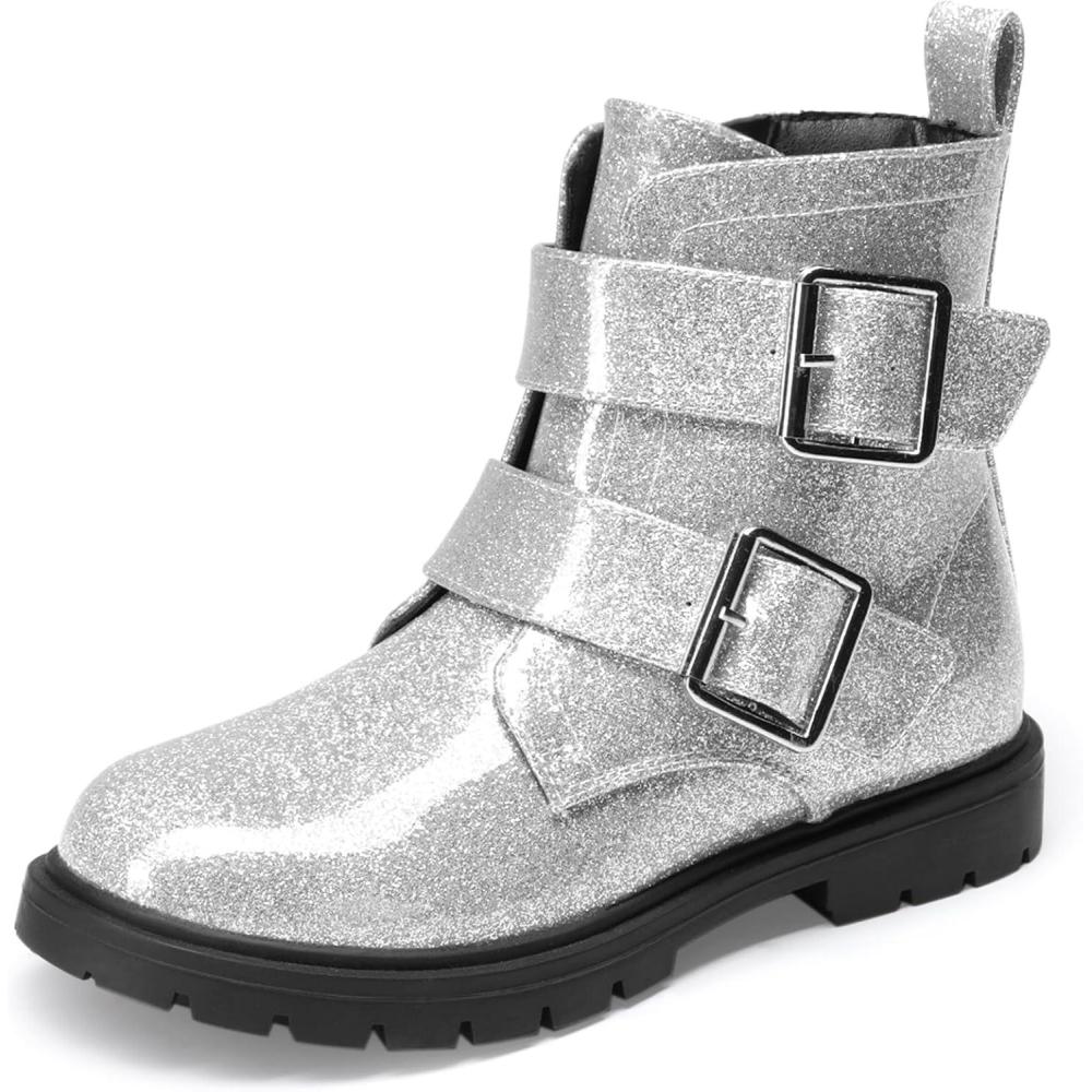 imageDREAM PAIRS Girls Boys Glitter Ankle Boots Side Zipper Combat Shoes with Buckles ToddlerLittle KidBig KidSilver