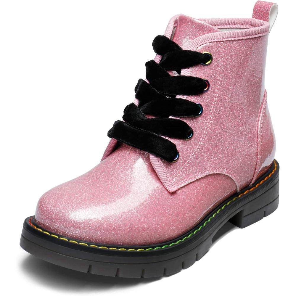 imageDREAM PAIRS Girls Boys Glitter Ankle Boots Side Zipper Combat Shoes with Lace Up for ToddlerLittle KidBig KidPinkPu