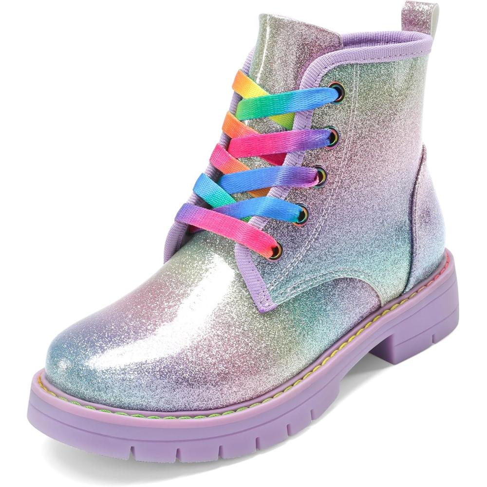 imageDREAM PAIRS Girls Boys Glitter Ankle Boots Side Zipper Combat Shoes with Lace Up for ToddlerLittle KidBig KidRainbow
