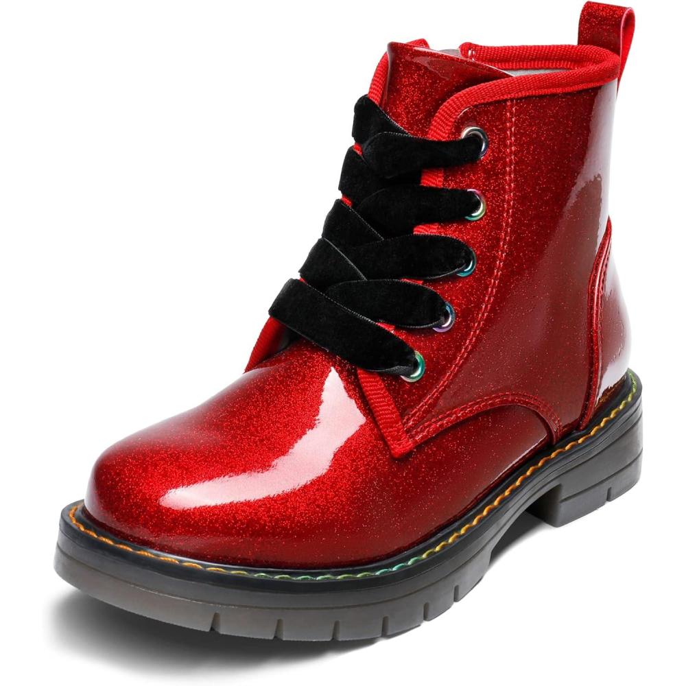 imageDREAM PAIRS Girls Boys Glitter Ankle Boots Side Zipper Combat Shoes with Lace Up for ToddlerLittle KidBig KidRedPu