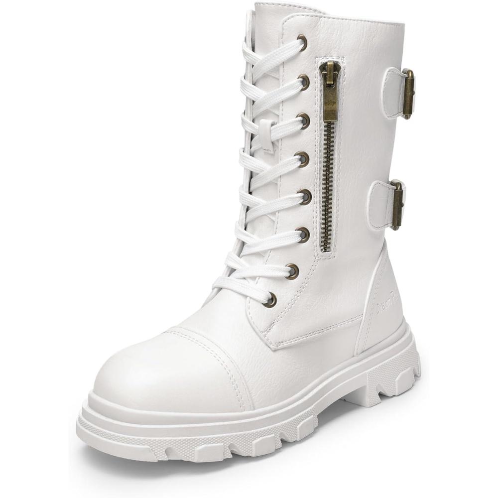 imageDREAM PAIRS Girls Combat Boots Side Zipper Ankle Booties ToddlerLittle KidBig KidWhite
