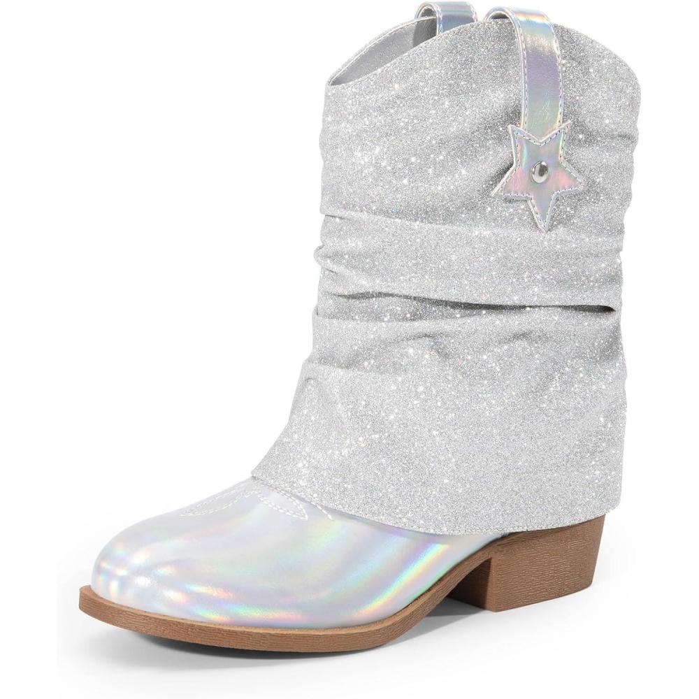 imageDREAM PAIRS Girls Cowboy Cowgirl Boots 2in1 Western Removable Cuff Fold Over Embroidered Fashion Mid Calf ShoesSilver