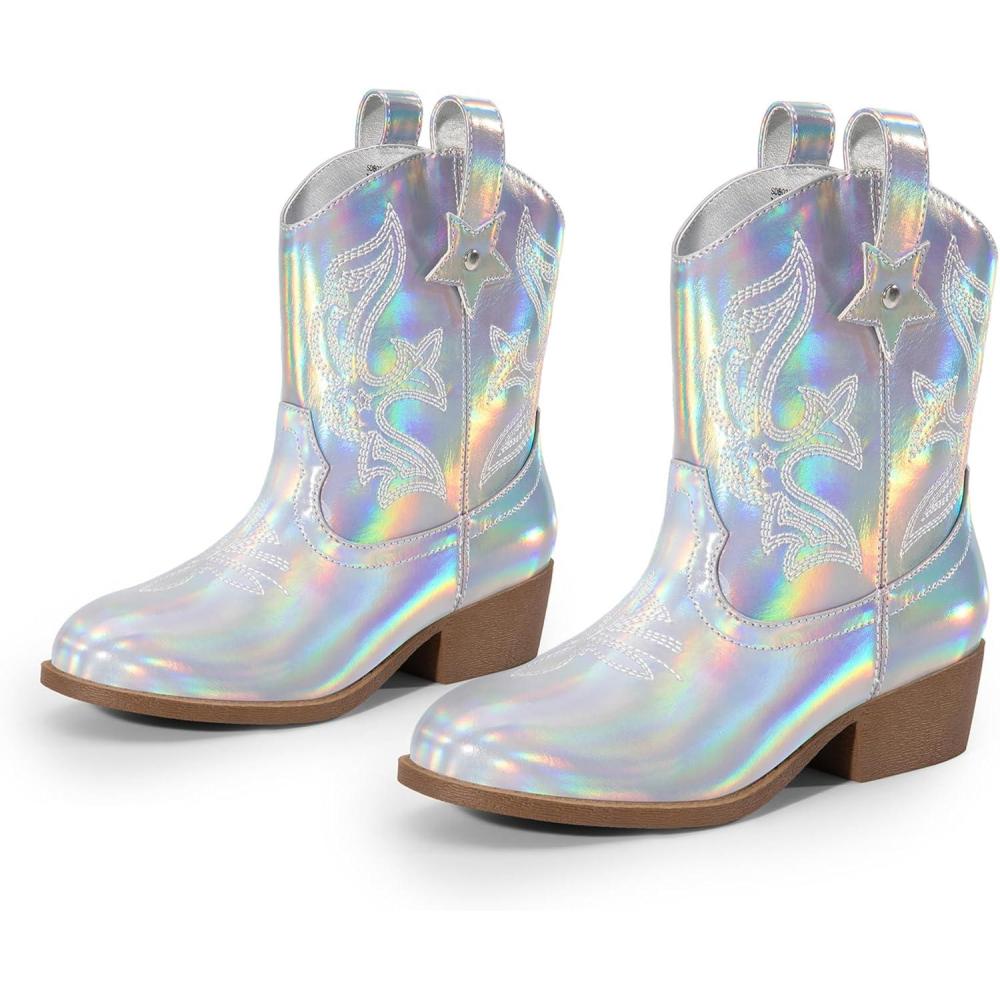 imageDREAM PAIRS Girls Cowgirl Boots Cowboy Boots with Low Heel Western Embroidered Fashion Mid Calf Shoes for ToddlerLittle KidBig KidSilver