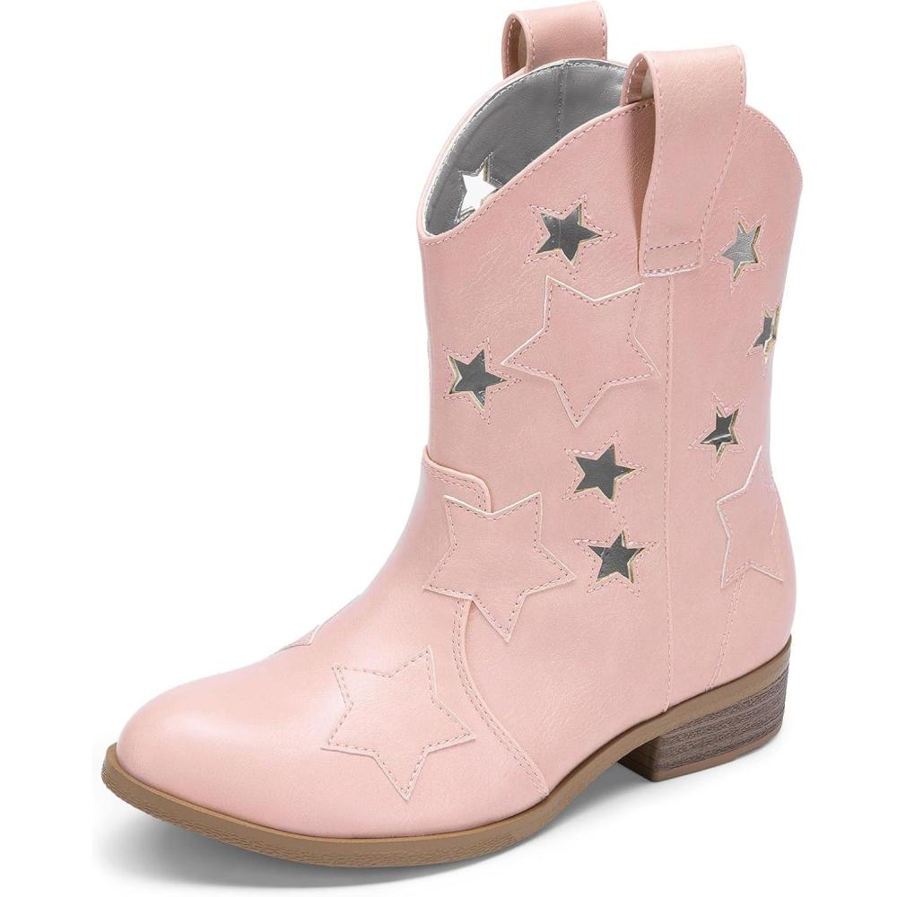imageDREAM PAIRS Girls Cowgirl Boots Mid Calf Glitter Cowboy Western Boots Toddler Girls Star Riding ShoesPinkholes