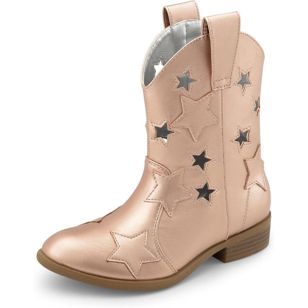 imageDREAM PAIRS Girls Cowgirl Boots Mid Calf Glitter Cowboy Western Boots Toddler Girls Star Riding ShoesRose Goldholes