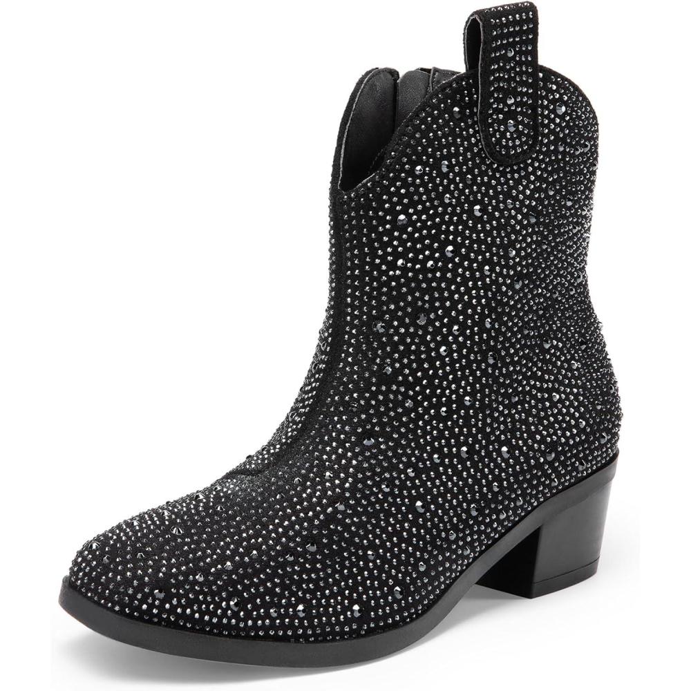 imageDREAM PAIRS Girls Cowgirl Cowboy Rhinestone Boots Ankle Low Heel Dress BootiesBlack