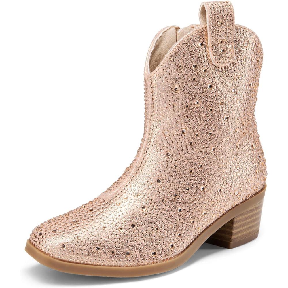 imageDREAM PAIRS Girls Cowgirl Cowboy Rhinestone Boots Ankle Low Heel Dress BootiesChampagne