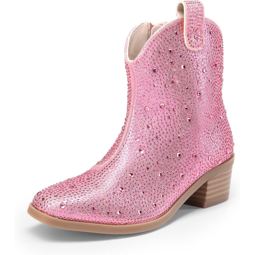 imageDREAM PAIRS Girls Cowgirl Cowboy Rhinestone Boots Ankle Low Heel Dress BootiesPink