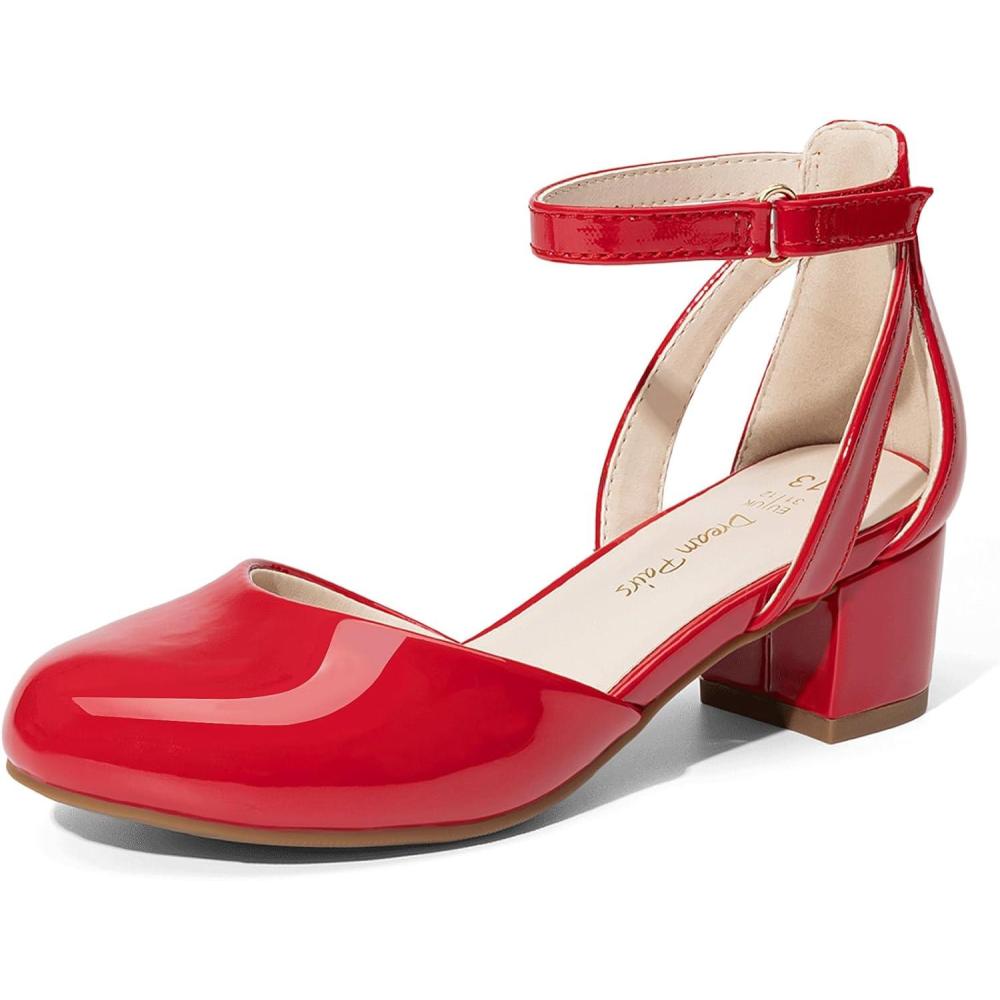 imageDREAM PAIRS Girls Dress Shoes Closed Toe High Heels Ankle Strap Toddler Little Big Kid Wedding Flower Party PumpRed