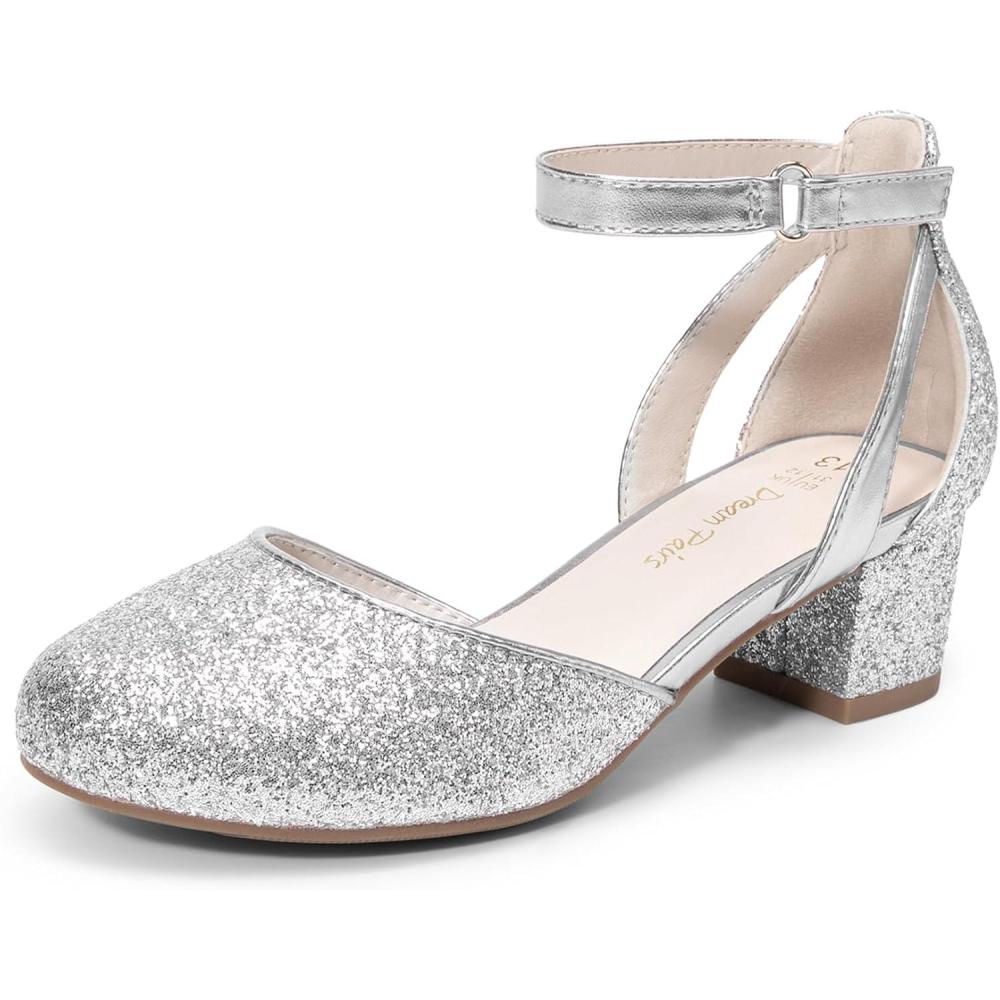 imageDREAM PAIRS Girls Dress Shoes Closed Toe High Heels Ankle Strap Toddler Little Big Kid Wedding Flower Party PumpSilver