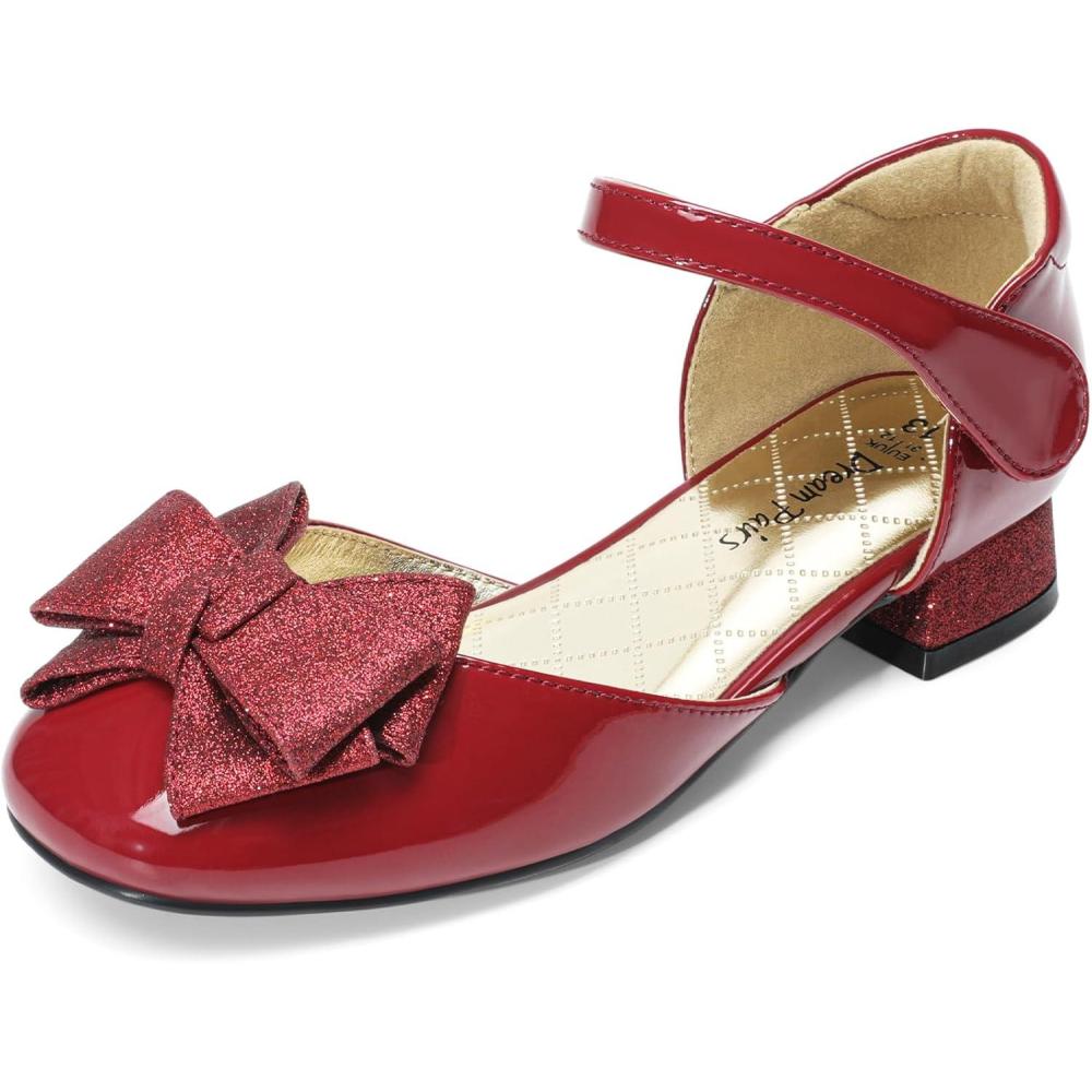 imageDREAM PAIRS Girls Dress Shoes Closed Toe Low Heels Ankle Strap Bow Ballet Wedding Party Sandals Princess Flower Shoes for Little KidDark Red